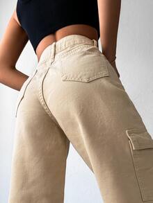 EURMUSE Flap Pocket Side Cargo Jeans - Beige - View 3