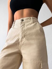 EURMUSE Flap Pocket Side Cargo Jeans - Beige - View 4