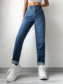 Cottnline High Waist Mom Fit Jeans - Dark Wash - View 1