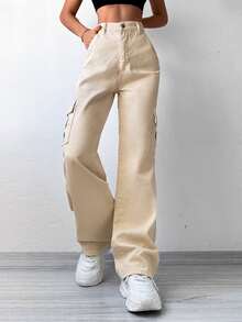 EURMUSE Flap Pocket Side Cargo Jeans - Beige - View 6