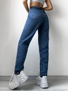 Cottnline High Waist Mom Fit Jeans - Dark Wash - View 2