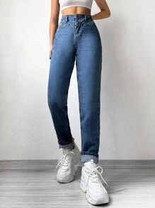 Cottnline High Waist Mom Fit Jeans - Dark Wash - View 3