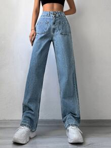 Cottnline Pocket Patched Wide Leg Jeans - Blue - View 1
