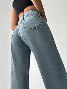 Cottnline Pocket Patched Wide Leg Jeans - Blue - View 4