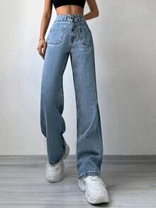 Cottnline Pocket Patched Wide Leg Jeans - Blue - View 5