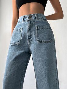 Cottnline Pocket Patched Wide Leg Jeans - Blue - View 6