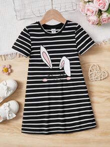 SHEIN Young Girl Striped & Cartoon Graphic Tee Dress