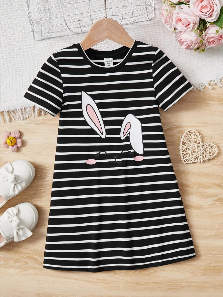 SHEIN Young Girl Striped & Cartoon Graphic Tee Dress