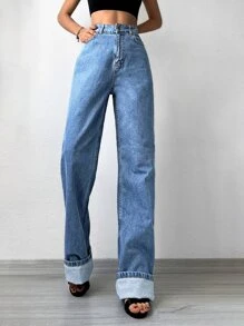 EURMUSE Zipper Fly Wide Leg Jeans - Light Wash - View 1