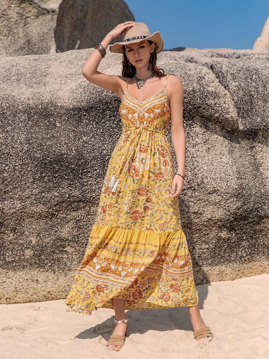 Rusttydustty Vestido de tirantes con cintura alta, cordón, flecos y estampado floral morado para mujer, ideal para playa, vacaciones, picnic, San Valentín, bodas y festivales de música - Amarillo - Ver 1