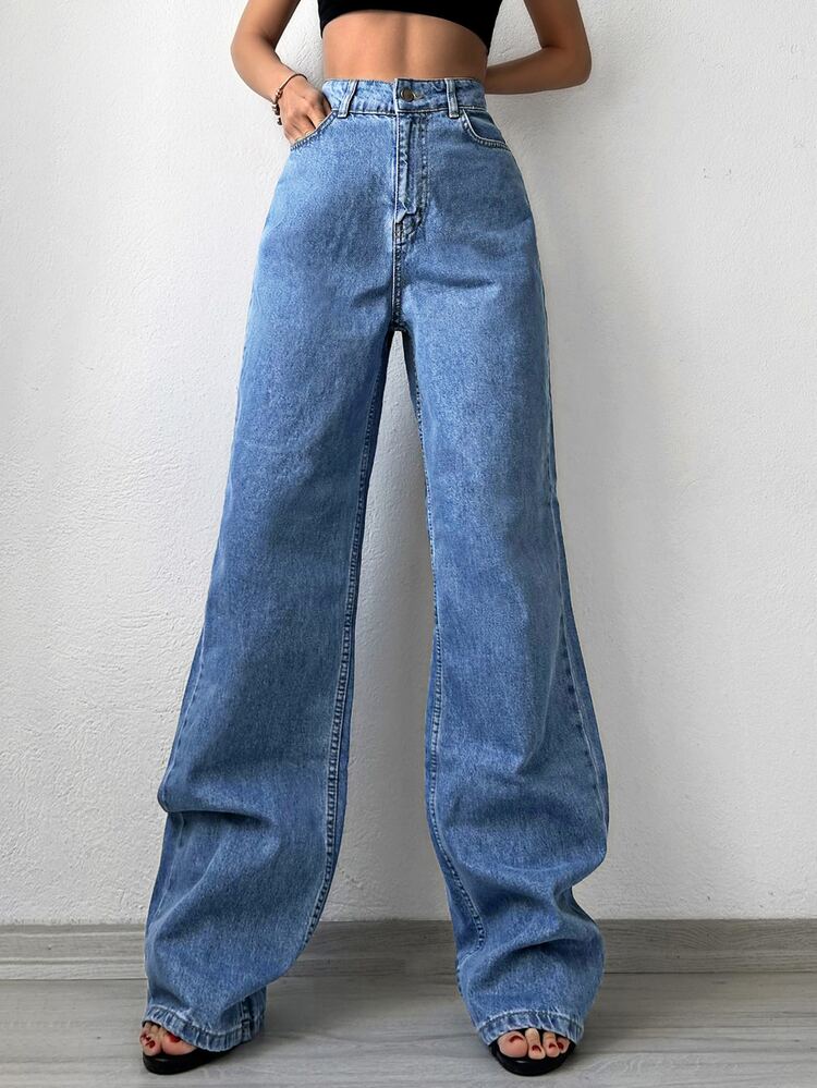 EURMUSE 拉鏈門襟闊腿牛仔褲 - 淺色水洗藍 - 查看 4