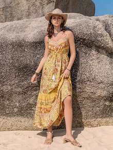 Rusttydustty Vestido de tirantes con cintura alta, cordón, flecos y estampado floral morado para mujer, ideal para playa, vacaciones, picnic, San Valentín, bodas y festivales de música - Amarillo - Ver 6