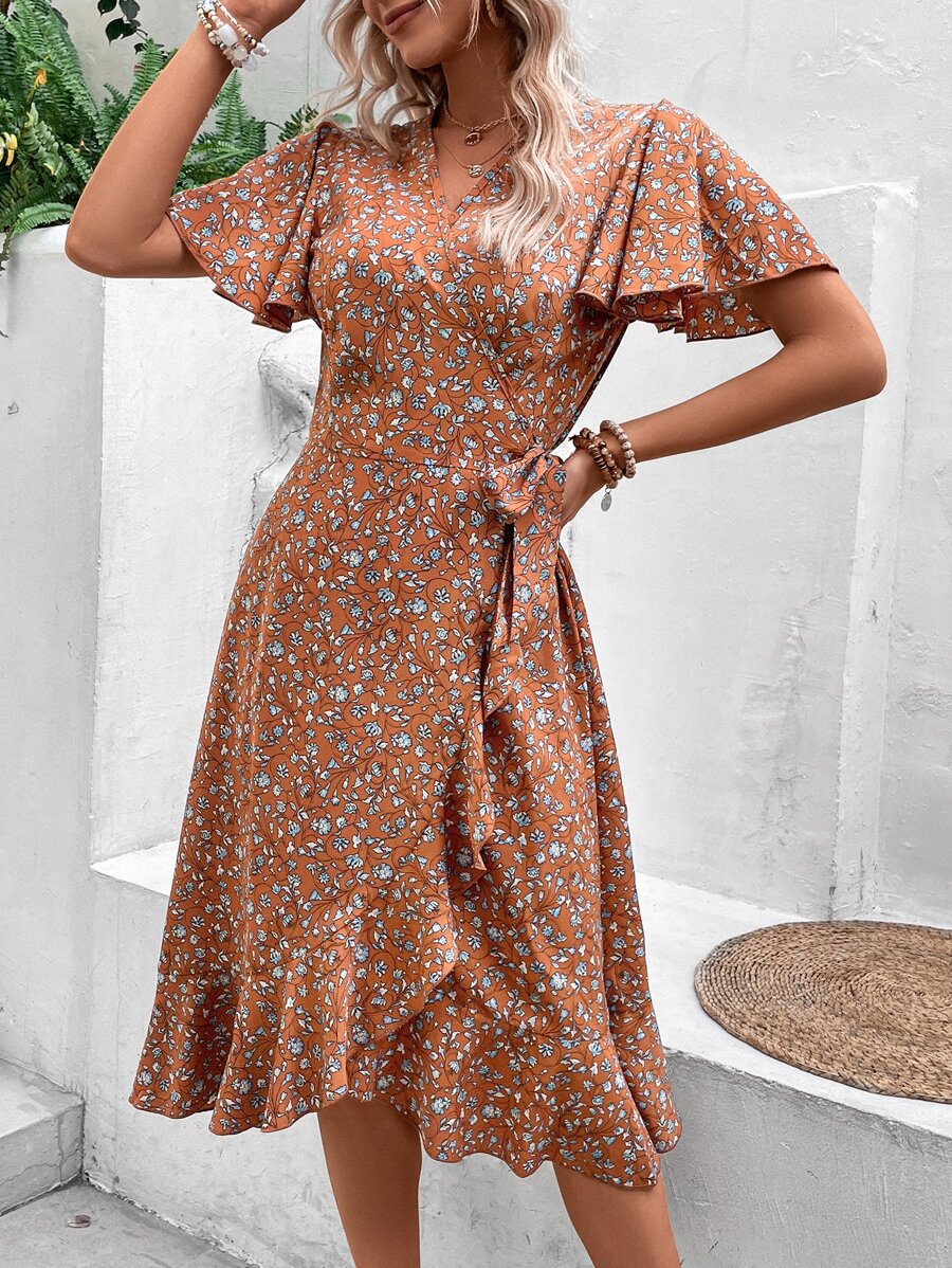 SHEIN VCAY Ditsy Floral Print Butterfly Sleeve Ruffle Trim Wrap Knot Side Dress - Redwood - View 1