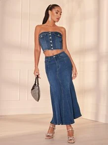 SHEIN BAE Áo khoác denim nữ Nút Hem thô Dải chun màu trơn Giải trí - Rửa trung bình - Xem 4