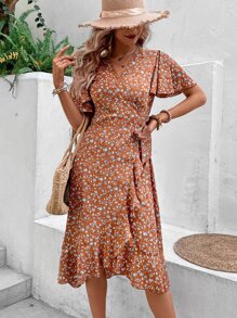 SHEIN VCAY Vestido con estampado floral de manga mariposa ribete con fruncido cruzado con nudo lateral - Color caoba - Ver 3