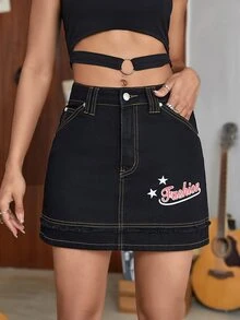 Star & Letter Graphic Denim Skirt - Black - View 3