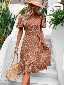 SHEIN VCAY Vestido con estampado floral de manga mariposa ribete con fruncido cruzado con nudo lateral - Color caoba - Ver 4