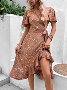 SHEIN VCAY Vestido con estampado floral de manga mariposa ribete con fruncido cruzado con nudo lateral - Color caoba - Ver 5