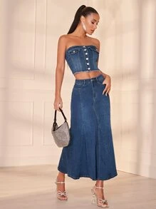 SHEIN BAE Áo khoác denim nữ Nút Hem thô Dải chun màu trơn Giải trí - Rửa trung bình - Xem 3