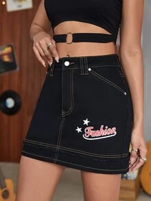 Star & Letter Graphic Denim Skirt - Black - View 4