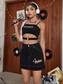 Star & Letter Graphic Denim Skirt - Black - View 6