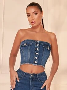 SHEIN BAE Áo khoác denim nữ Nút Hem thô Dải chun màu trơn Giải trí - Rửa trung bình - Xem 1