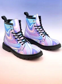 Women Color Block Lace-up Front Combat Boots, Funky Outdoor Ankle Boots - Multicolor - View 1