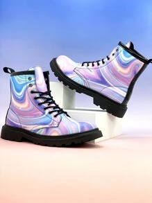 Women Color Block Lace-up Front Combat Boots, Funky Outdoor Ankle Boots - Multicolor - View 2