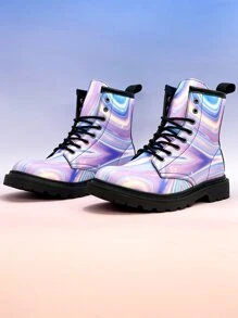 Women Color Block Lace-up Front Combat Boots, Funky Outdoor Ankle Boots - Multicolor - View 3
