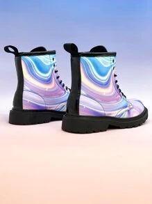 Women Color Block Lace-up Front Combat Boots, Funky Outdoor Ankle Boots - Multicolor - View 4