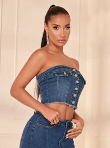 SHEIN BAE Áo khoác denim nữ Nút Hem thô Dải chun màu trơn Giải trí - Rửa trung bình - Xem 5