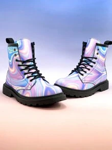 Women Color Block Lace-up Front Combat Boots, Funky Outdoor Ankle Boots - Multicolor - View 5