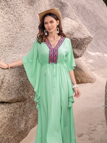 Rusttydustty Contrast Geo Tape Batwing Sleeve Drawstring Waist Dress - Mint Green - View 3