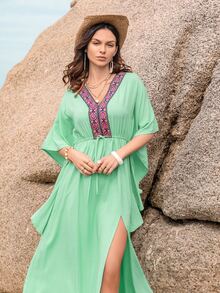 Rusttydustty Contrast Geo Tape Batwing Sleeve Drawstring Waist Dress - Mint Green - View 5
