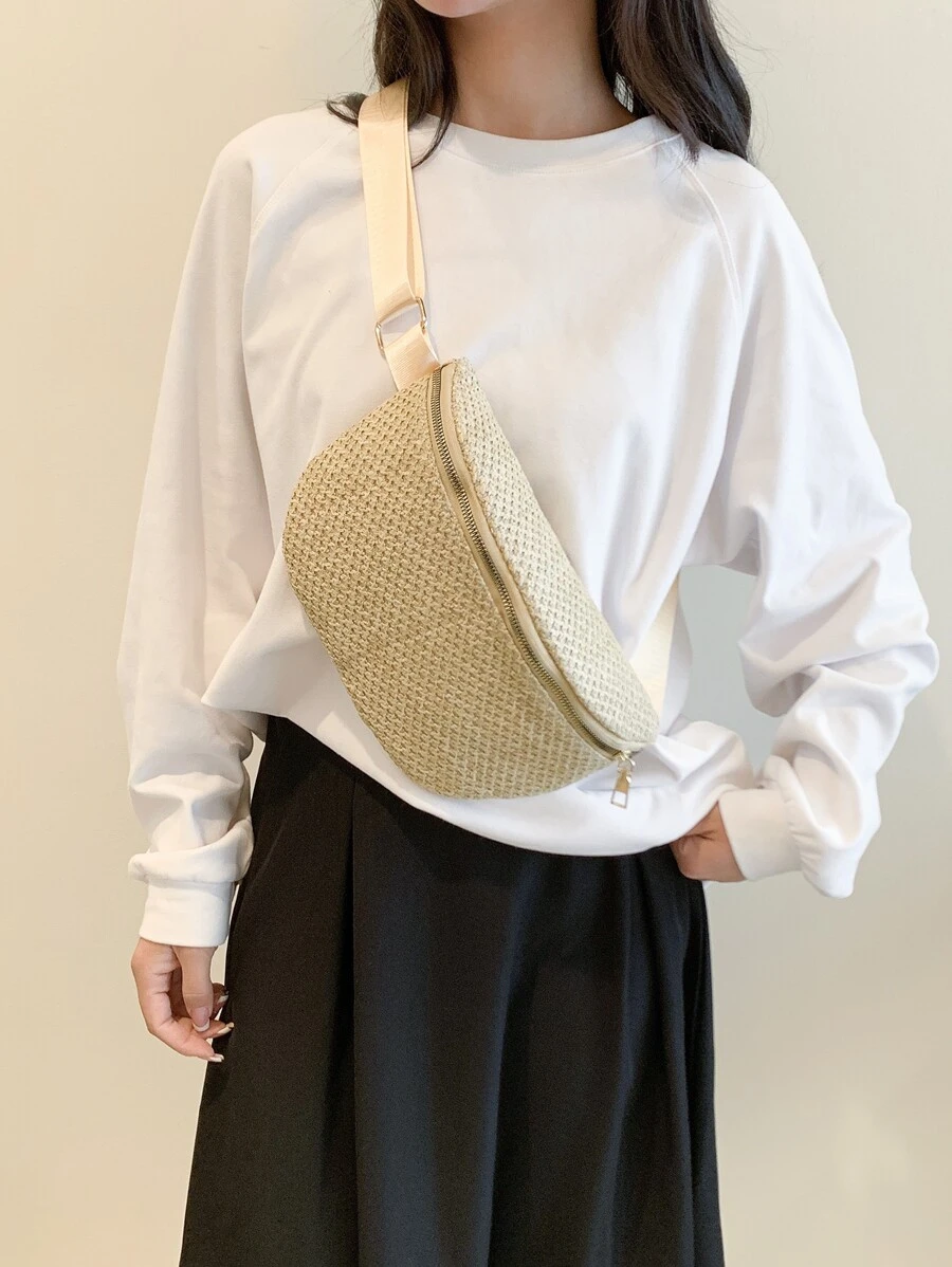 Apricot Straw Bag Vacation Adjustable Strap Paper - Khaki - View 1