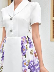 Modelyn Floral Print Shawl Collar Puff Sleeve Dress - White - View 6