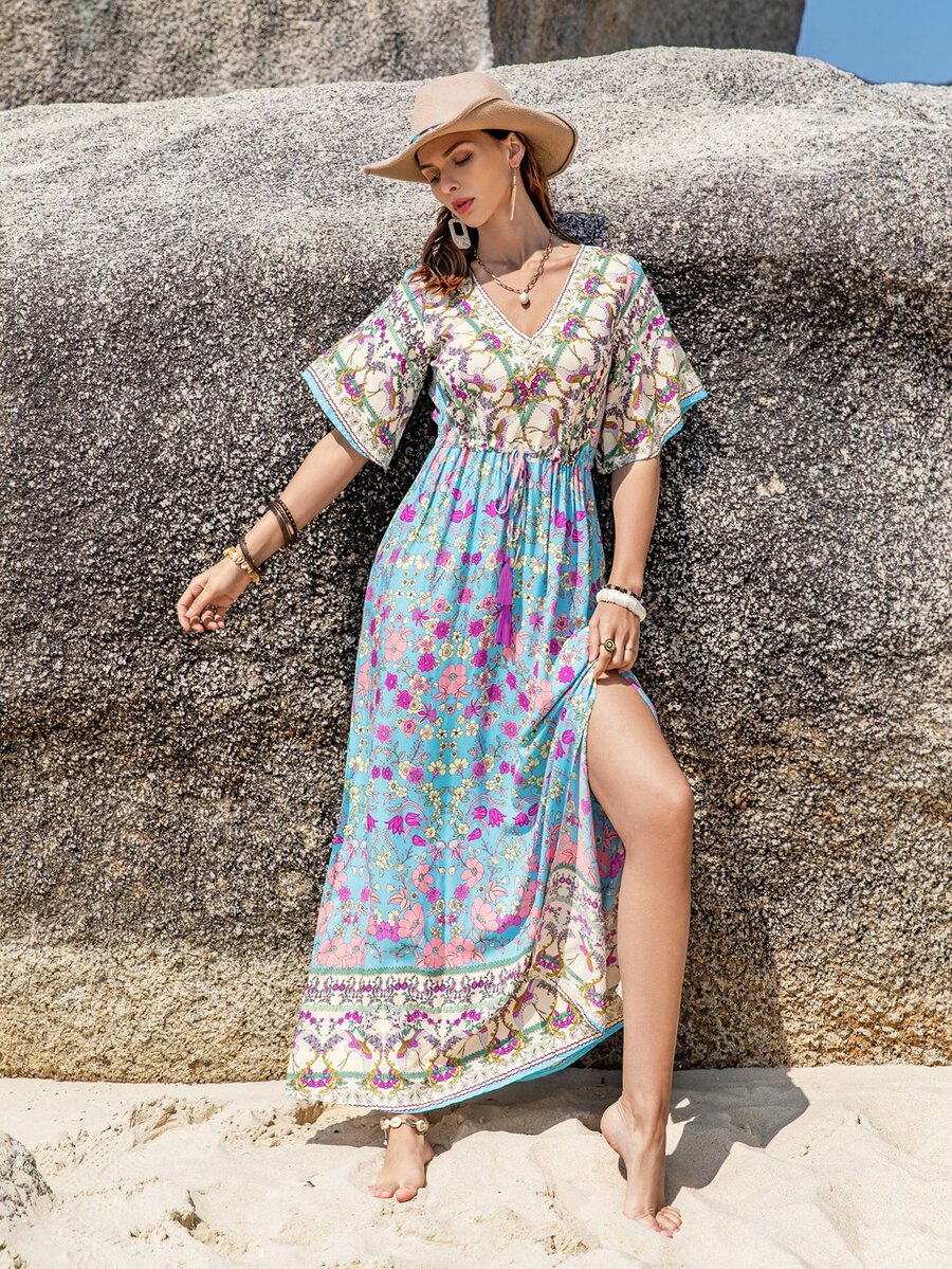Rusttydustty Đầm xẻ cổ chữ V in họa tiết hoa Bohemian thắt eo tua rua cho nữ - Nhiều màu - Xem 1