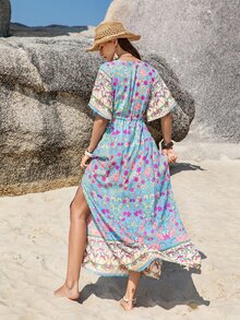 Rusttydustty Đầm xẻ cổ chữ V in họa tiết hoa Bohemian thắt eo tua rua cho nữ - Nhiều màu - Xem 2