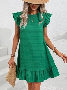 Breezaya Solid Ruffle Hem Smock Dress Vacation Beach Outfits Women - Green - View 3