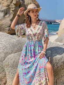 Rusttydustty Đầm xẻ cổ chữ V in họa tiết hoa Bohemian thắt eo tua rua cho nữ - Nhiều màu - Xem 3