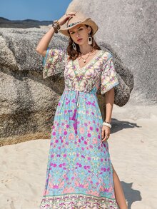 Rusttydustty Đầm xẻ cổ chữ V in họa tiết hoa Bohemian thắt eo tua rua cho nữ - Nhiều màu - Xem 5