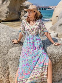 Rusttydustty Đầm xẻ cổ chữ V in họa tiết hoa Bohemian thắt eo tua rua cho nữ - Nhiều màu - Xem 6