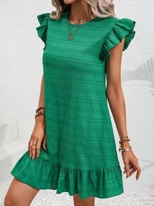 Breezaya Solid Ruffle Hem Smock Dress Vacation Beach Outfits Women - Green - View 6