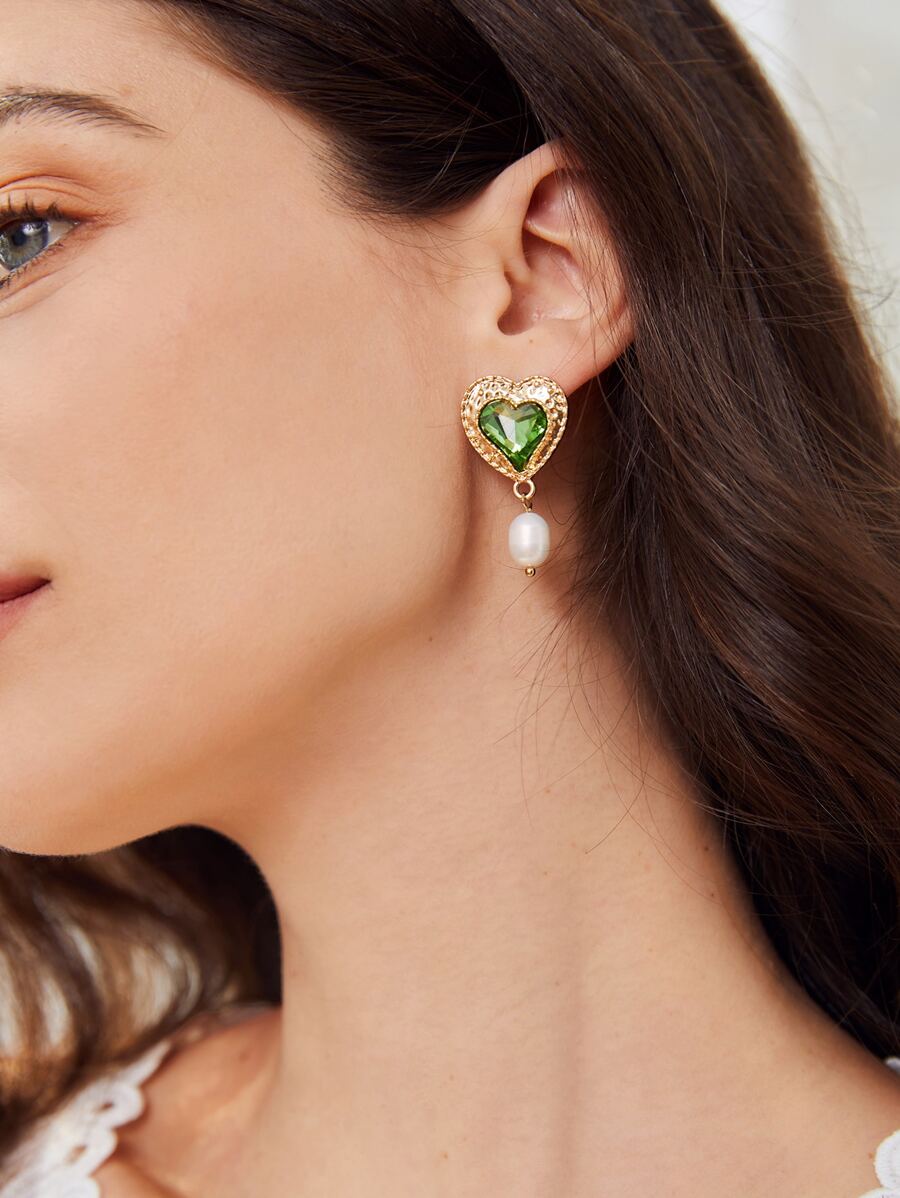 SHEIN Belle 水鑽愛心裝飾珍珠耳墜 - 綠色 - 查看 1