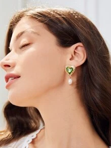 SHEIN Belle 水鑽愛心裝飾珍珠耳墜 - 綠色 - 查看 2