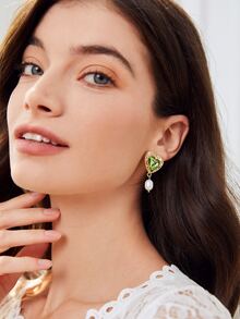 SHEIN Belle 水鑽愛心裝飾珍珠耳墜 - 綠色 - 查看 3