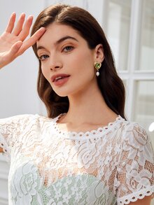 SHEIN Belle 水鑽愛心裝飾珍珠耳墜 - 綠色 - 查看 4