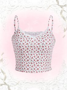 ROMWE Kawaii 碎花蕾絲邊吊帶上衣 - 白色 - 查看 1