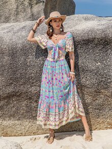 Rusttydustty 印花前打結鏤空荷葉邊連衣裙 - 彩色 - 查看 3