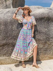 Rusttydustty 印花前打結鏤空荷葉邊連衣裙 - 彩色 - 查看 4